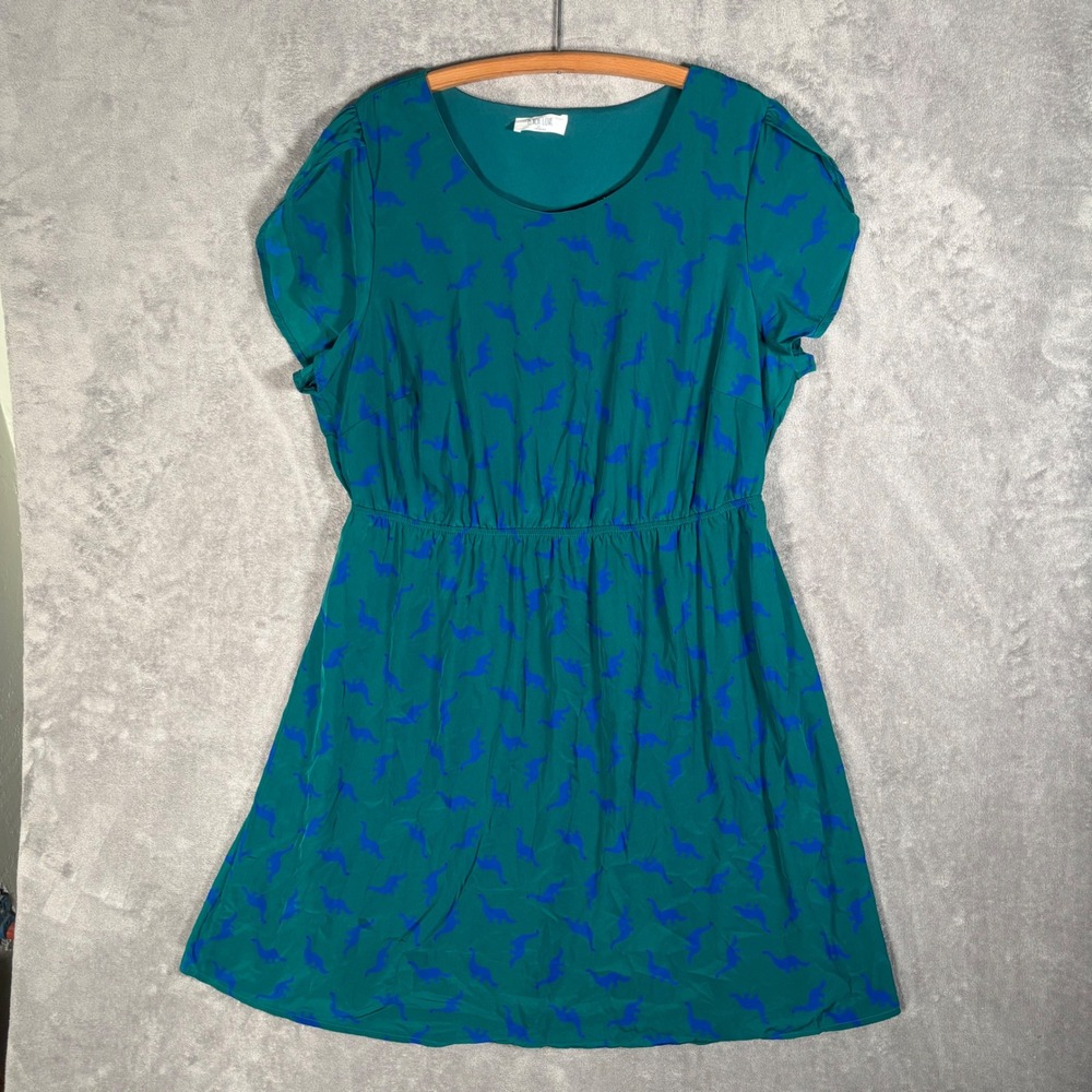 Peach Love California Dress 3XL Teal Green Dinosaur Print Elastic Waist Modcloth
